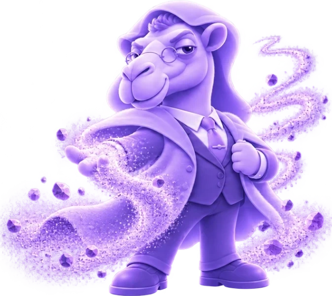 VEILHUMPH, a camel in a suit and hooded cape, standing in a swirl of violet sand